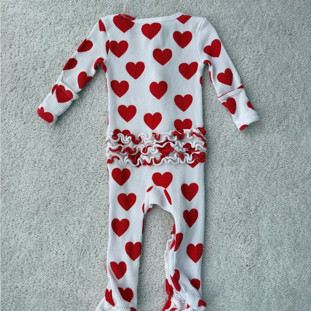 Spearmint Love Red Heart Waffle Knit Ruffled Footed One Piece - Picture 8 of 11